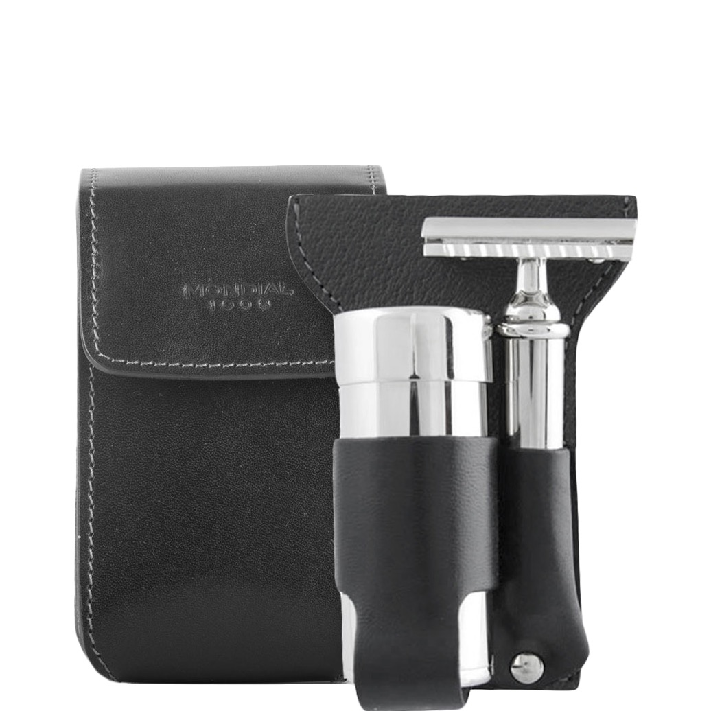 Mondial 1908 Scheerset Travel  Safety Razor Silvertip Fibre Zwart leder - 1.1 - SV-1205-N-SAF